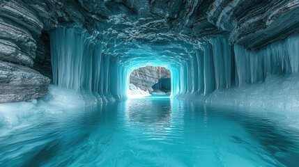 Luminous Arctic Ice Cave: Captivating Shades of Icy Blue Reflect Light in Sculpted Splendor