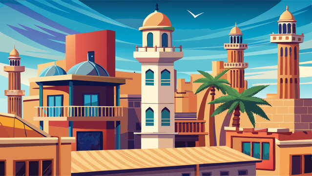 Al Fahidi mosque minaret and traditional arab windtower used for ventilation and air conditioning at historical district and neighbourhood in Bur Dubai