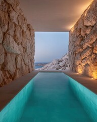 Serene Water Reflection in Modern Architecture by Rocky Coastline