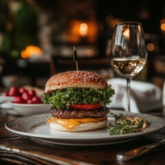 Gourmet Cheeseburger with Crispy Fries and Sparkling Beverage