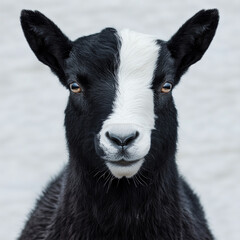 Obraz premium A black-and-white goat with sharp fur contrast against a gray sky background