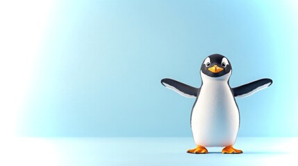 Obraz premium Playful penguin in classic tuxedo enjoying a lively moment against a soft blue backdrop