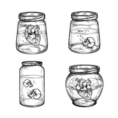 Jars with poison liquid and human heart and skulls inside. Hand drawn sketch style. Best for tattoo and mystical designs. Vector illustrations on white.