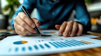 Man reviewing charts, office, analysis, wood desk, blurry background, business