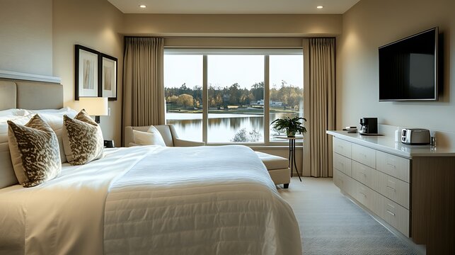 Luxurious bedroom with lake view, king bed, and modern furniture.