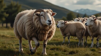 Obraz premium Flock of sheep in a grassy meadow, a single sheep in the foreground appears to be moving.