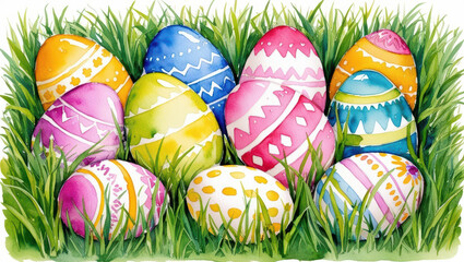 Naklejka premium Colorful Easter eggs with intricate patterns resting on green grass, painted in vibrant watercolor style, evoke festive and cheerful springtime atmosphere