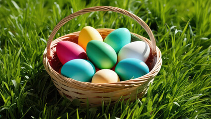 colorful basket of painted Easter eggs sits on vibrant green spring grass, evoking joy and celebration