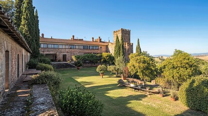Fototapeta premium Tuscan Villa Garden, Courtyard, Tower, Hills, Sunlight, Italy, Real Estate