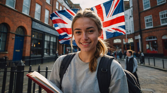 Young woman student with backpack and books is standing on city street in English town. Studying in England and learning English language	