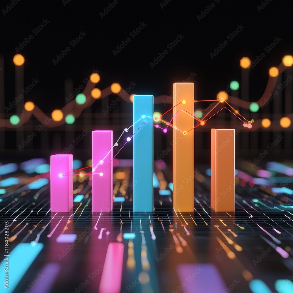 Poster 3d bar charts glowing on a futuristic interface with live metrics