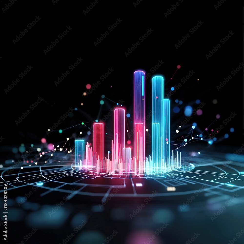 Poster 3d bar charts glowing on a futuristic interface with live metrics