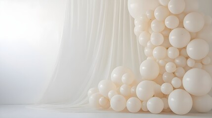 A minimalist balloon arch backdrop in soft neutral tones, creating a simple yet elegant centerpiece against a plain background, perfect for intimate events. 