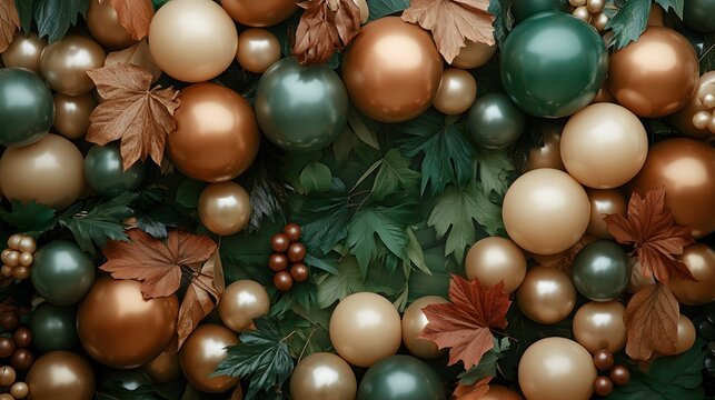 A rustic-themed balloon arch backdrop combining earthy tones like beige, brown, and forest green, accented with natural elements such as dried leaves and wooden textures. 