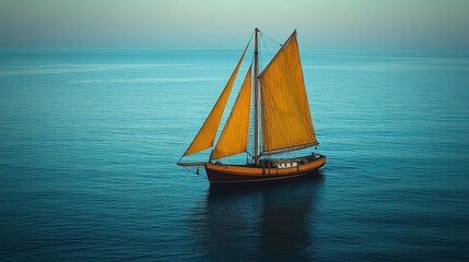 Fototapeta premium A lone sailboat glides across a tranquil ocean under a serene sky, its golden sails catching the gentle breeze. The scene evokes feelings of peace and
