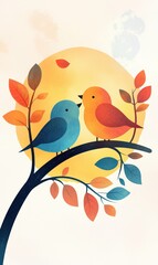 Whimsical Lovebirds Illustration: Colorful Gradient Flat Design