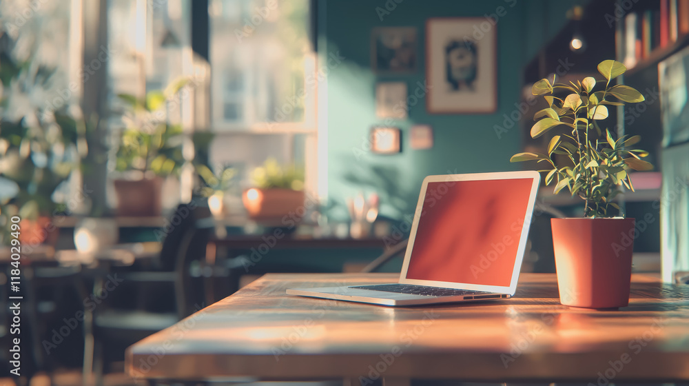Poster modern laptop computer resting on a wooden table in a cozy room with soft lighting and minimalist de