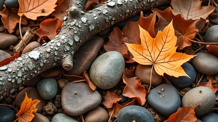 Autumnal Nature Close-Up, Orange Tones of Bark, Leaves, Pebbles, and Natural Elements