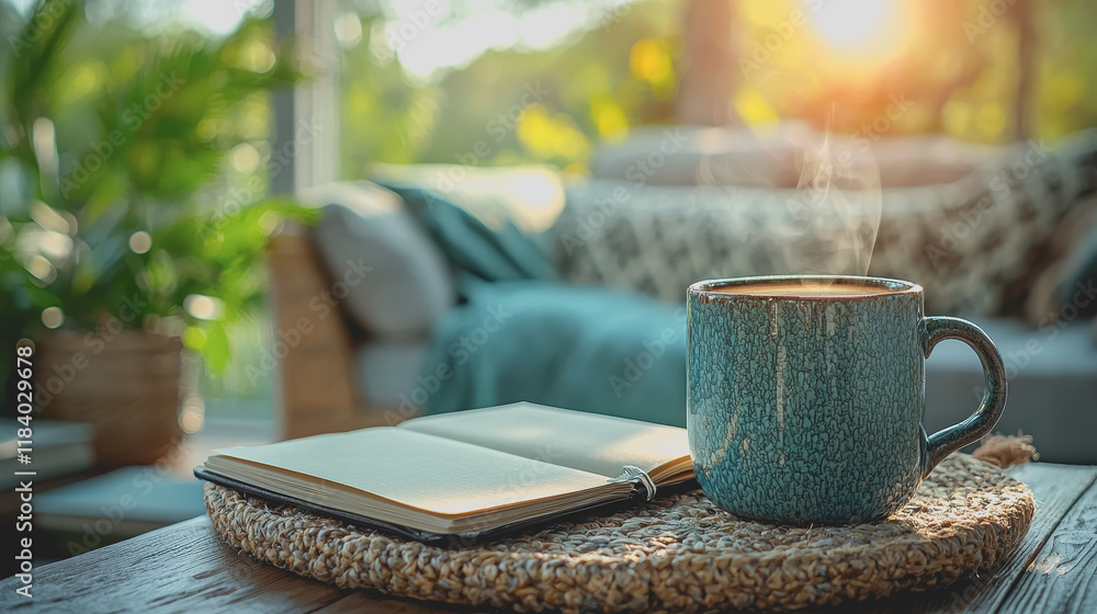 Poster warm cup of coffee next to a relaxing book on a wooden table surrounded by soft natural light creati