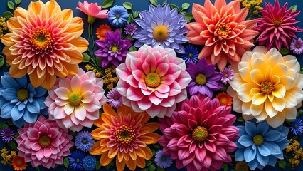 Obraz premium Vibrant Navy Floral Composition, Lush Arrangement of Colorful Dahlias, Chrysanthemums, and Assorted Flowers