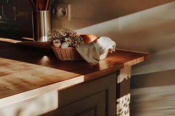 Charming Easter decor on a rustic kitchen counter with freshly baked bread