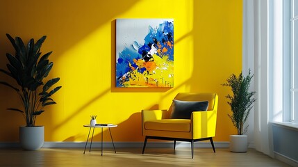 Yellow room interior with armchair, abstract painting, plants, and side table.