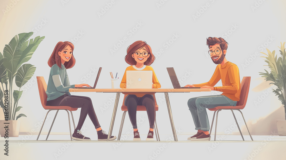 Poster group of three individuals engaged in collaborative work at a table surrounded by laptops in a brigh