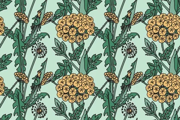Canvas schilderij Jungle Botanical abstract seamless pattern with chrysanthemum vector illustration. Repeating line art floral print in vintage bright colors. Graphic design for Wallpaper Wedding Cover Wrapping pack Textile  © cosveta