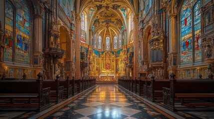 Fototapeta premium Cathedral interior, ornate details, stained glass, sunlight, worship, religious, travel, architecture, Spain, tourism