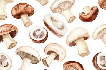 A seamless white background filled with champignon mushrooms, depicted in a mix of whole and cut pieces, randomly placed, ultra-clear details, and vivid realism