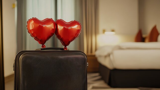 Hotel room and suitcase with Valentine's Day heart-shaped balloons, hotel stay offer for couples in love