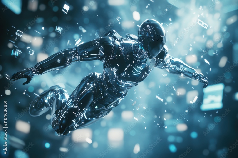 Poster robotic figure gliding through digital data streams in a futuristic world
