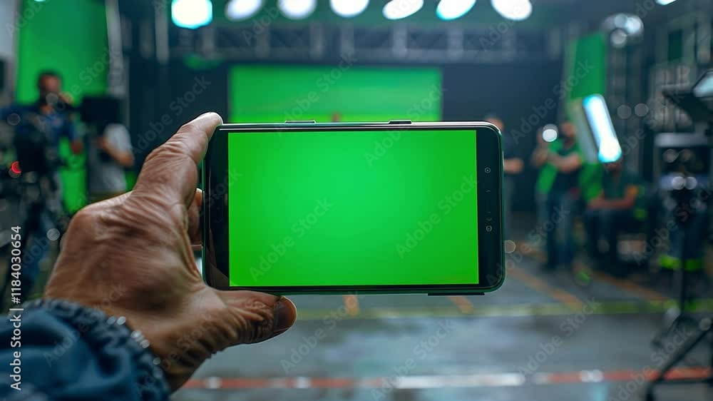 Poster a person holds a smartphone displaying a green screen, while behind them, a busy studio is preparing