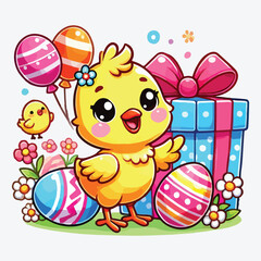 Obraz premium Cute little chick in cartoon style. Happy baby chicken for kids design stock illustration