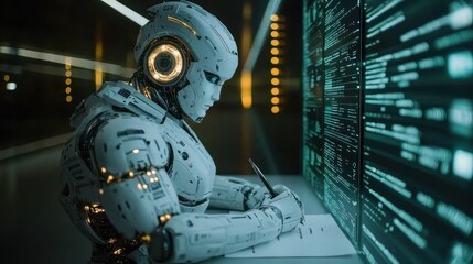 Fototapeta premium Robot coding data center future tech AI