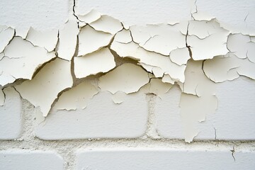 Obraz premium Cracked Paint on White Brick Wall Shows Signs of Age and Deterioration, Needing Repair Soon.