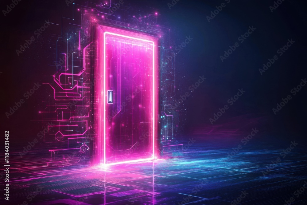 Poster floating neon door in a dark void with glowing ai patterns around it