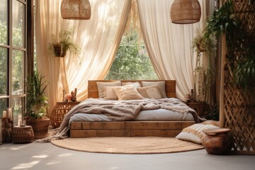 Focusing on home decor Cozy bohemian bedroom with textile sheet wooden bench bamboo screen plants in vase wicker basket