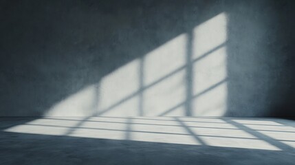 Sunlight streams through a window, casting shadows on a gray concrete wall and floor in an empty room.