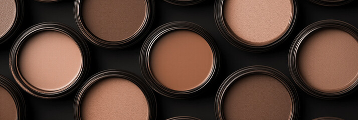 Fototapeta premium Mocha mousse, brown variety of foundation shades displayed in round containers, top view, makeup palette