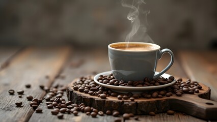 Obraz premium Artisan Coffee, Steaming Cup on Rustic Silver Wooden Board with Coffee Beans