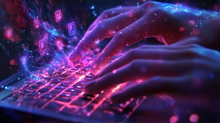 Hands typing, digital data flows, glowing keyboard, night, online work