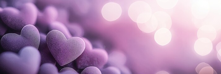Purple heart shapes clustered together with blurred bokeh lights in background