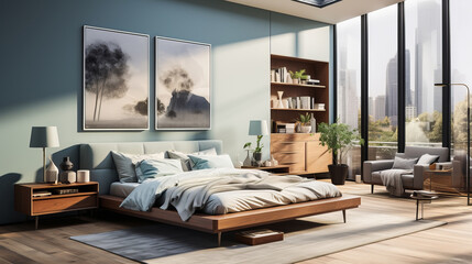 Modern bedroom with light blue walls, wooden furniture, and floor-to-ceiling windows offering a city skyline view, complemented by soft natural light.