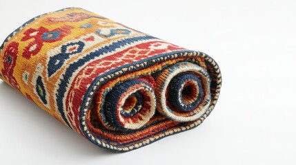 A beautifully patterned rolled rug in vivid colors, styled on a plain white backdrop.
