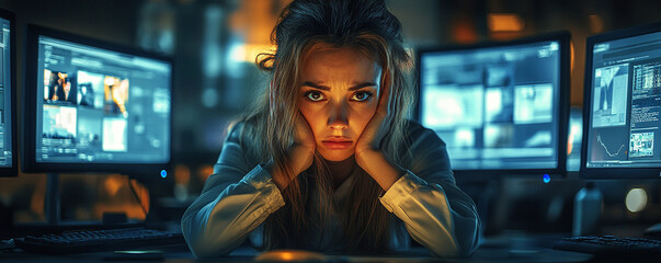 Fototapeta premium focused businesswoman intensely analyzes data on multiple screens in dimly lit office