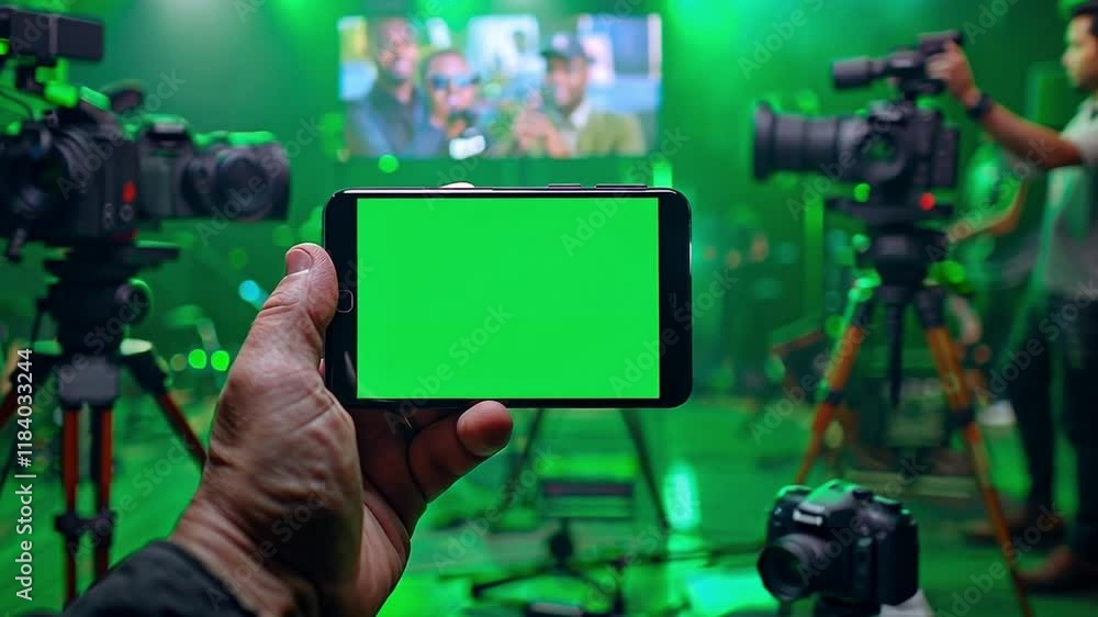 Poster a hand holds a smartphone displaying a green screen in a professional studio.