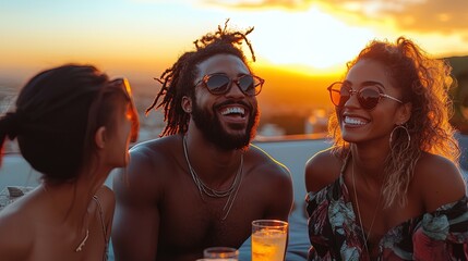 Candid shot of friends laughing and enjoying drinks on a rooftop at sunset, lively and social 