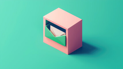 Obraz premium Cute Pastel Pink and Green Isometric Mailbox With an Envelope Peeking Out, Adding Charm to Any Digital Design