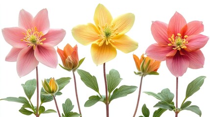 Pastel Hellebore flowers, buds, white background, spring